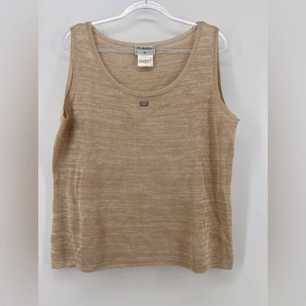 CHANEL Cardigan Twin Set 99P Beige Size 46 Tank Size 50 Cardigan Cotton